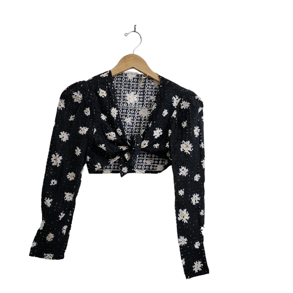 Maje Crop‎ Top & Skirt Set Outfit Size 3 Large Black Daisy Print Boho Beach